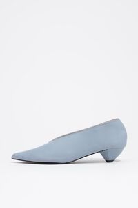 Blue leather low heel court shoe