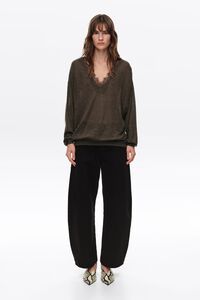 Long chocolate wool and lace sweater