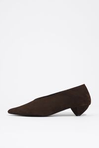 Brown suede low heel court shoe