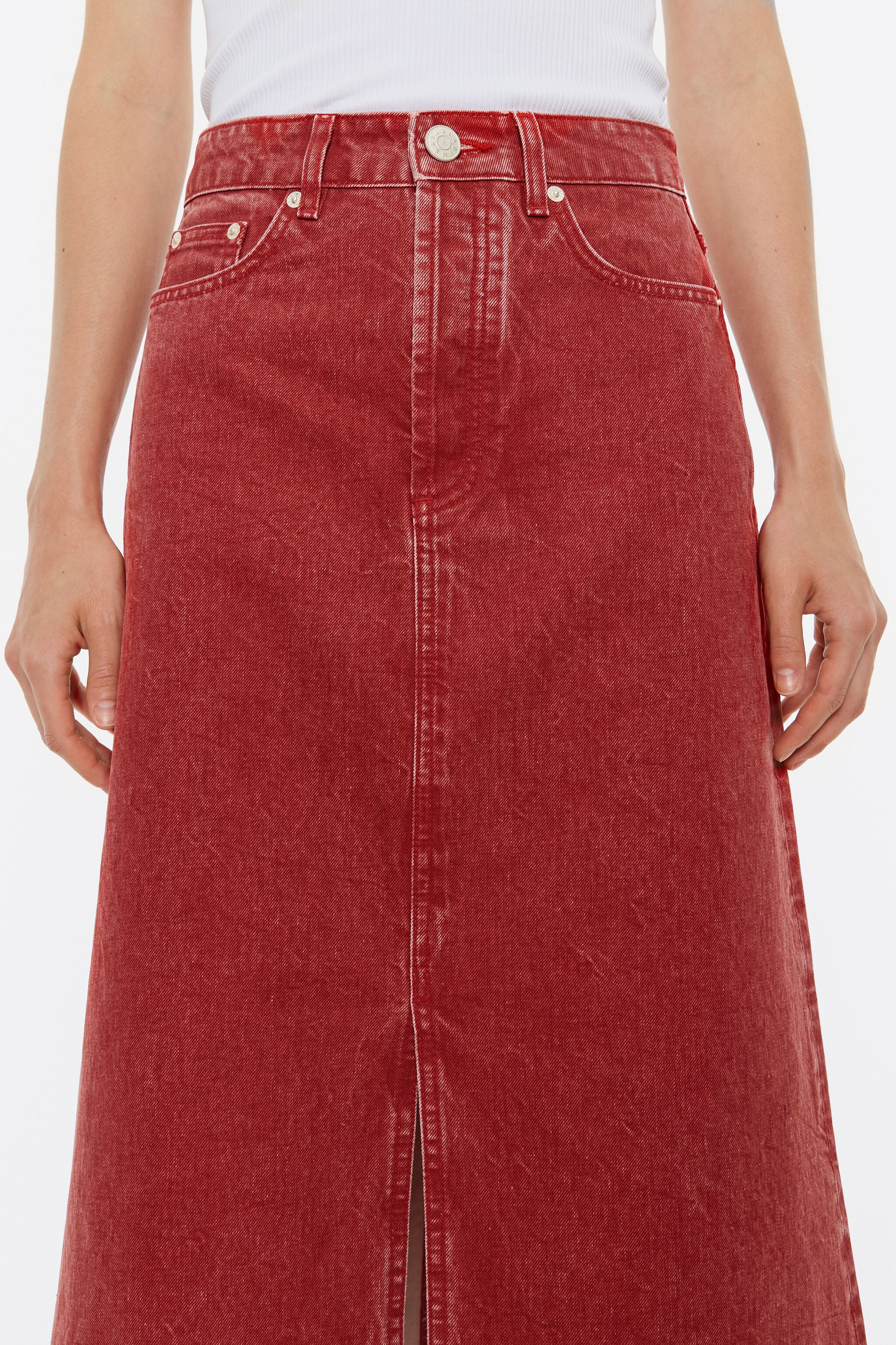 Red denim midi skirt outlet