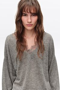 Long dark gray melange wool and lace sweater