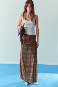 Khaki checked gathered fluid skirt