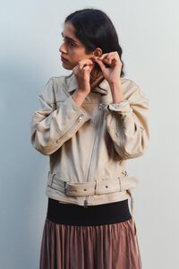 Light stone leather adjustable double-breasted jacket