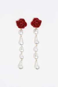 Red pearl and rose earrings
