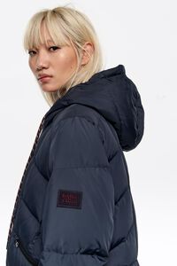 Navy blue fur straight cut hooded puffer