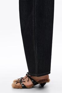 Black leather and fur heeled sandal with bows