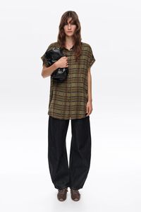 Khaki checked dropped-shoulder shirt