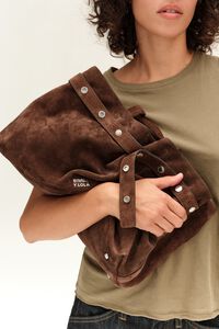 Coffee suede snaps shopper bag