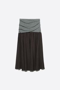 Gray melange and brown two-material gathered A-line skirt
