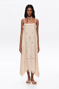 Sand linen A-line mini dress with embroidery