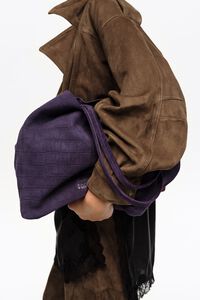 Large suede shopper bag in purple embossed crocodile