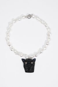 Pearl necklace with black resin panther head