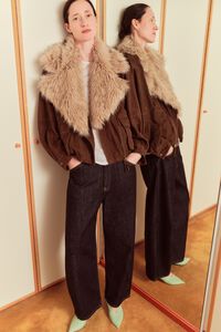 Chocolate leather double-breasted jacket with fur collar