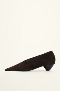 Brown suede low heel court shoe
