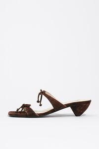 Tartan print suede heeled sandal with bows