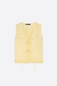 Yellow linen sleeveless shirt with lace and ties