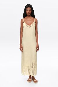 Light yellow washed linen lace V-neck dress