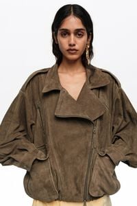 Dark olive suede double-breasted jacket