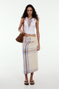 Ecru linen straight striped midi wrap skirt