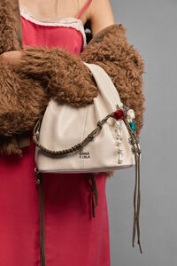 Small ivory leather plaited handle Paper bag