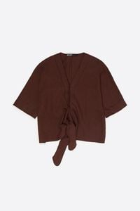 Brown linen maxi cape shirt with bow