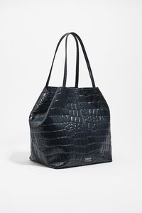 Large leather shopper bag in petrol blue crocodile embossed