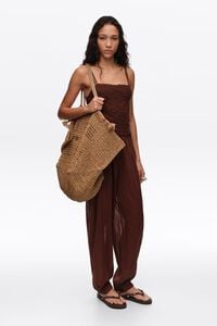 Brown cotton gathered balloon jumpsuit