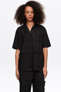 Black embroidered scarf patchwork shirt