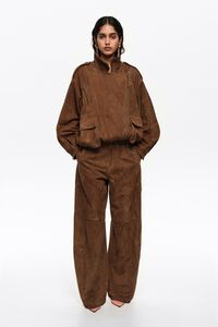 Dark olive suede barrel trousers