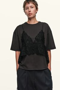 Faded black T-shirt top with lace overlay