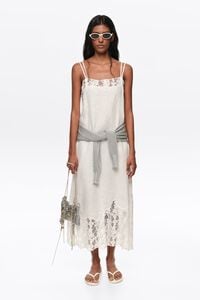 White washed linen lace midi dress