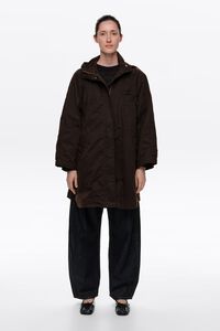 Dark brown waxed mid-length A-line trench