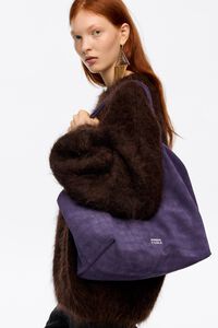 Large split leather shopper bag in purple mock croc