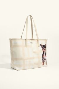 Large ivory tartan fabric shopper bag