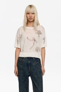 White Ribbon Roses linen sweater with cut-out back
