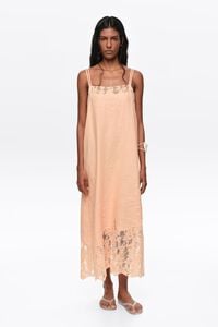 Orange washed linen lace midi dress