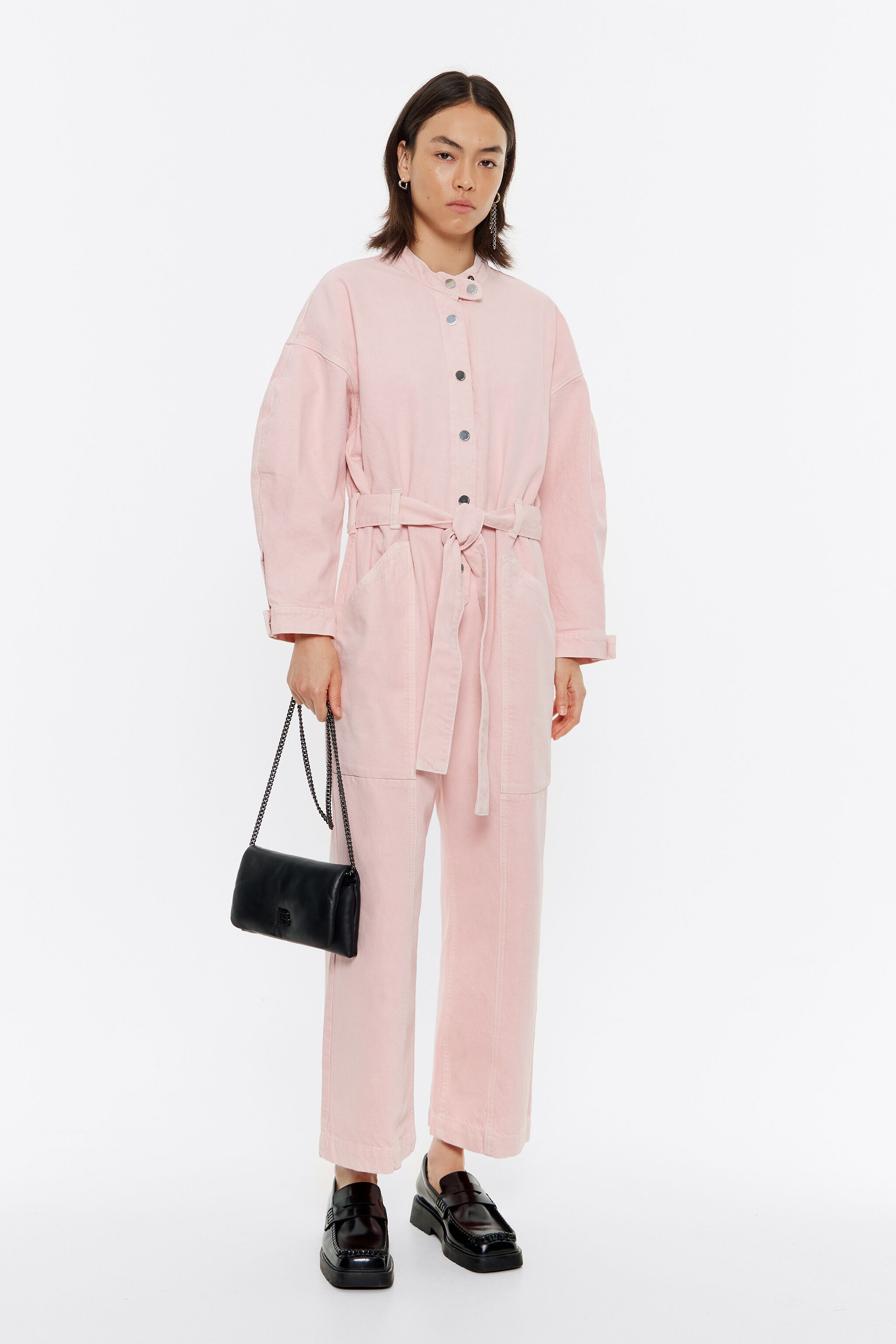 Pink denim cargo jumpsuit