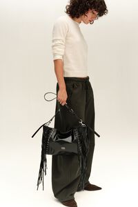 Large black suede fringed clutch bag