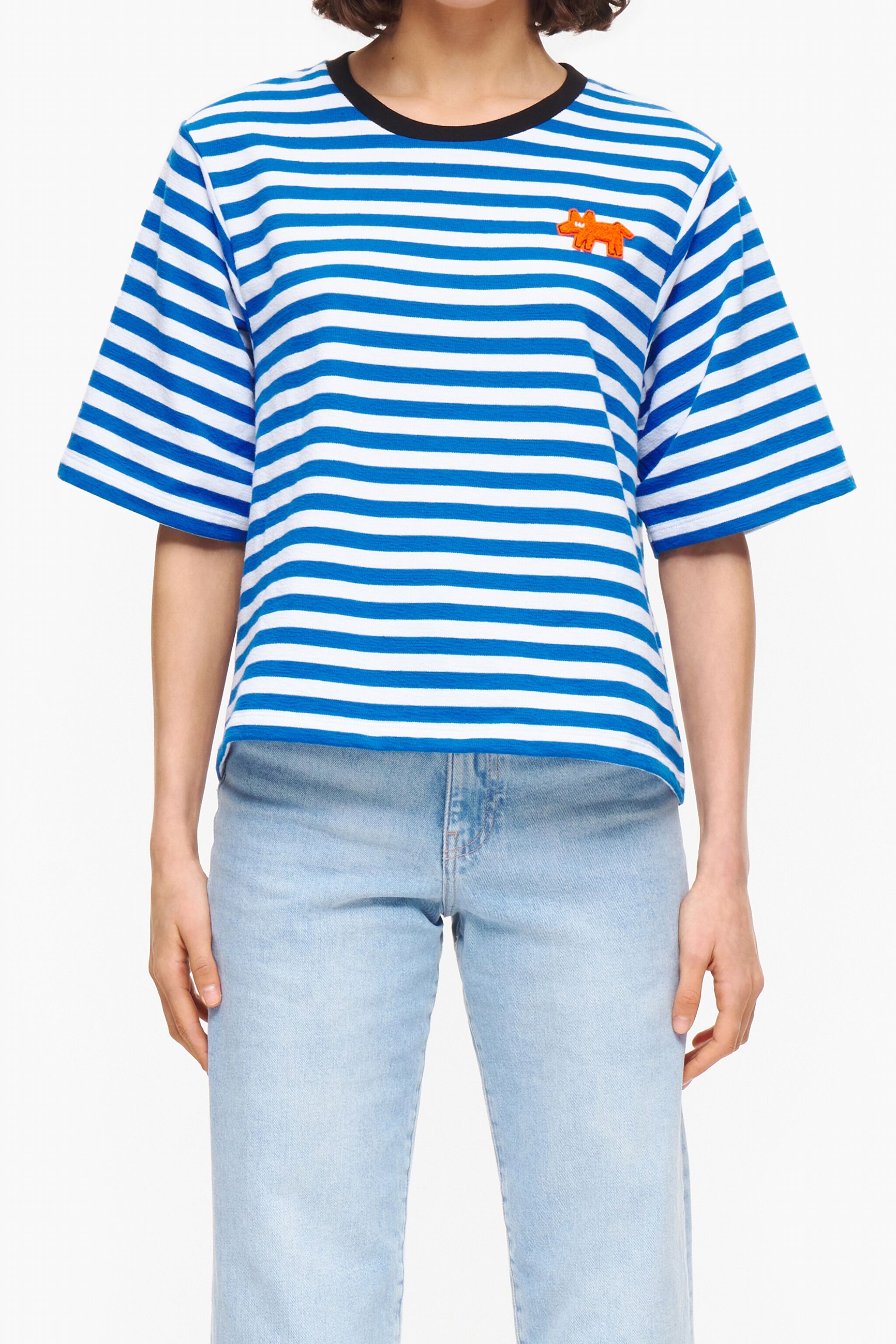 blue and black striped shirt