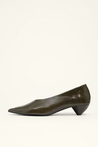 Green leather low heel court shoe