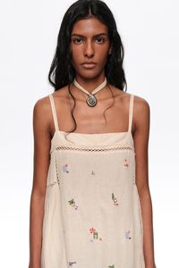 Sand linen A-line mini dress with embroidery