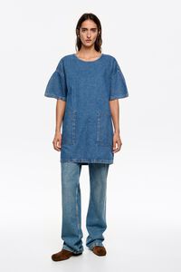 Short light blue wash denim dress