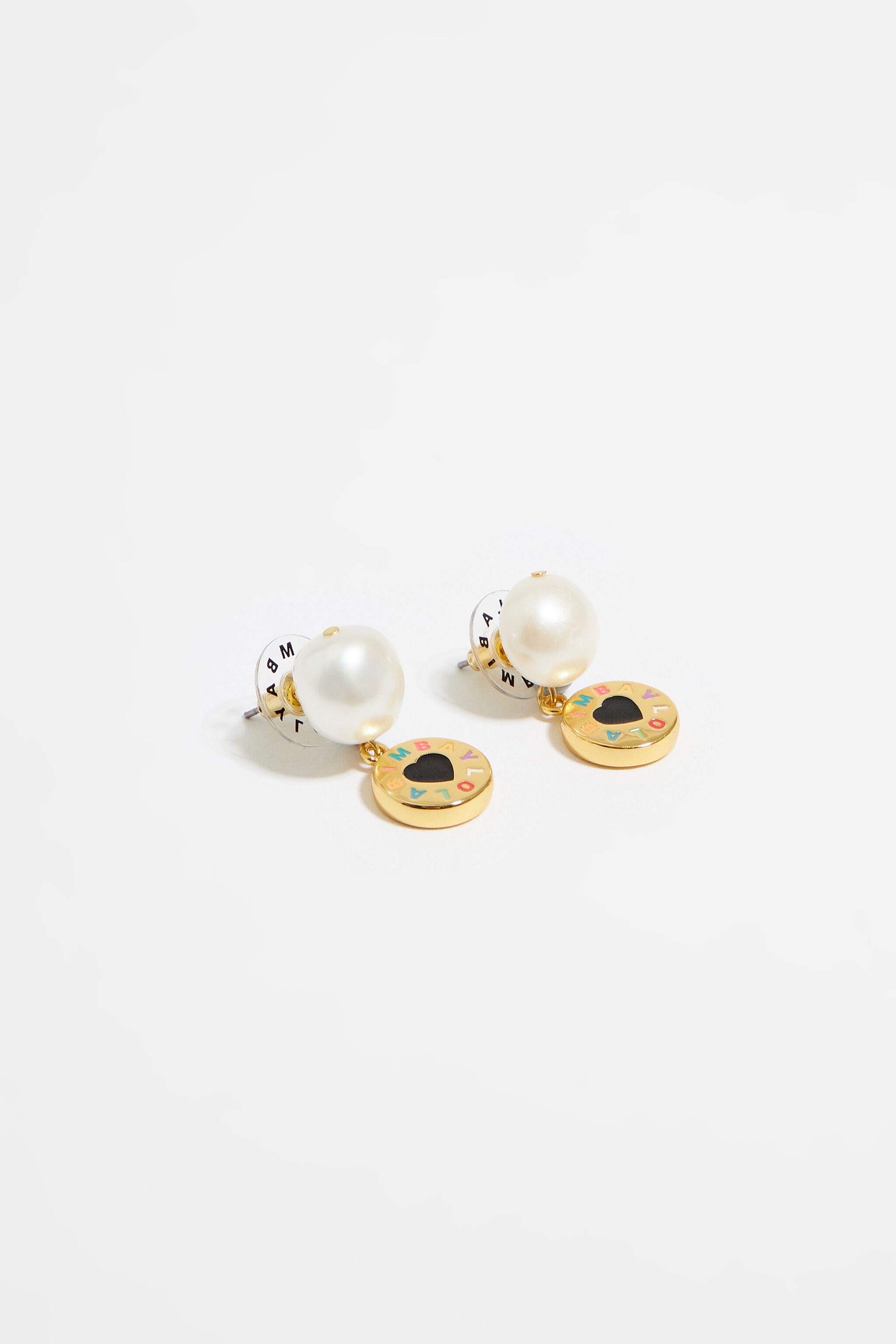 Gold pearl and logo earrings