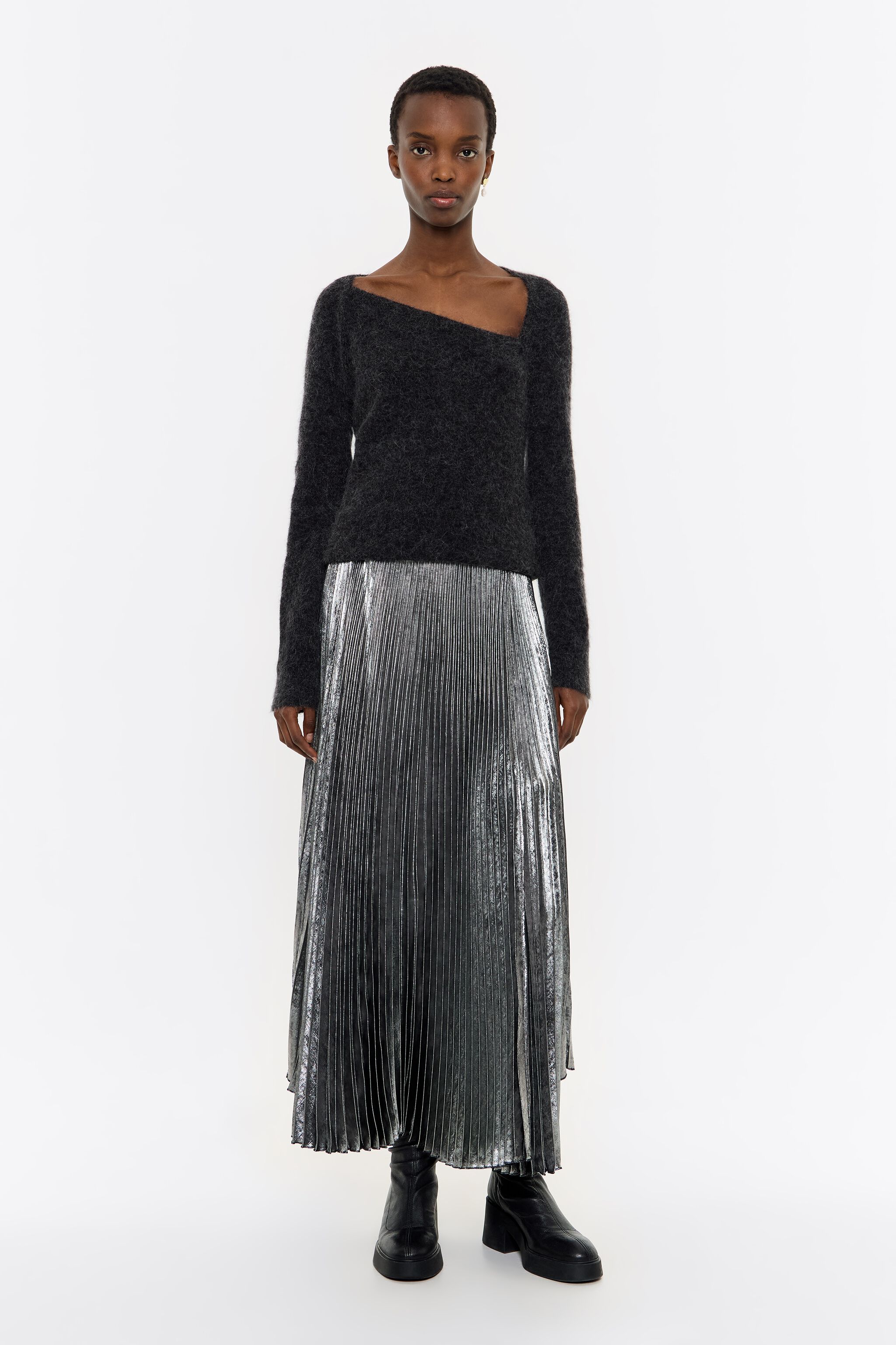 Silver pleated midi skirt