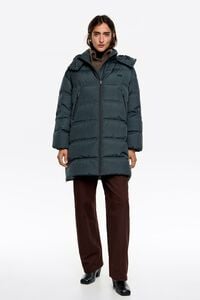 Petrol blue A-line down jacket with detachable hood