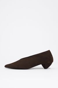 Brown suede low heel court shoe