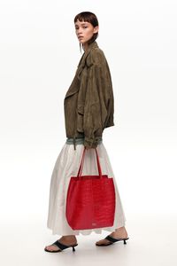 Large leather shopper bag in red crocodile embossed