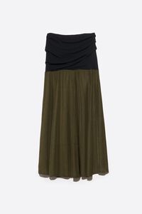 Black and khaki mixed-fabric gathered A-line skirt