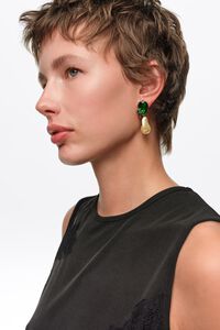 Beetle earrings with amber, crystals, and pearls