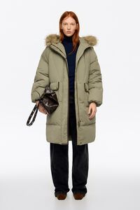 Light khaki raglan long puffer down jacket